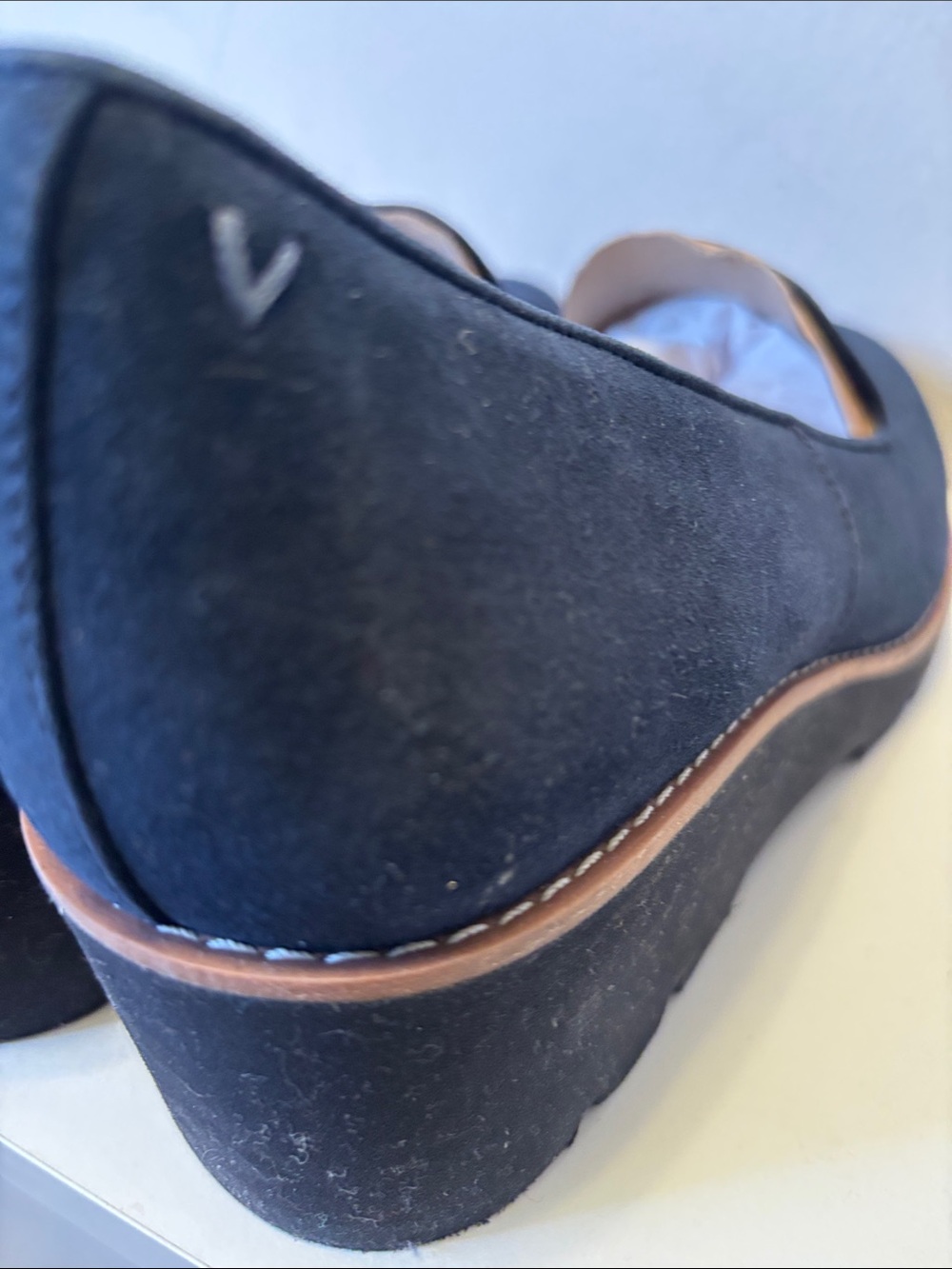 Vionic Navy Suede Wedge Loafers with Tan Trim 10 - Picture 6 of 8